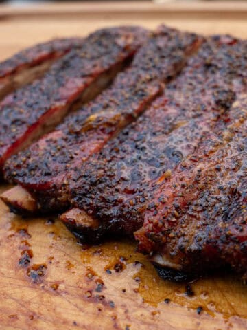Smoked Pork Ribs with Apple Habanero Glaze that have been freshly sliced
