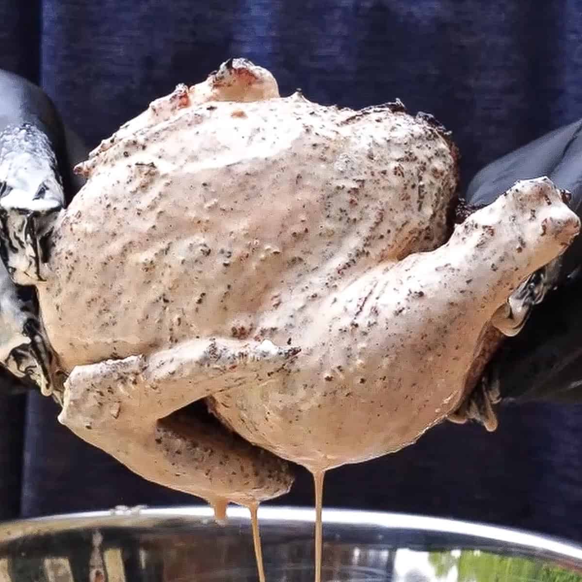 Chicken halves dipped in homemade georgia white sauce