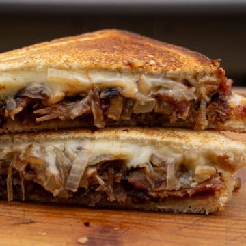 Cheesy Pulled Pork Sandwich with Caramelized Onions & Bacon