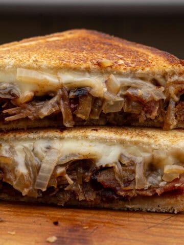 Cheesy Pulled Pork Sandwich with Caramelized Onions & Bacon