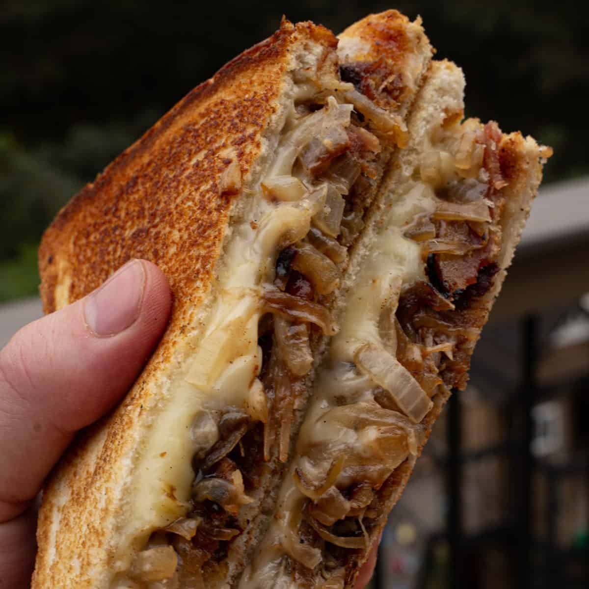 Cheesy Pulled Pork Sandwich with Caramelized Onions & Bacon