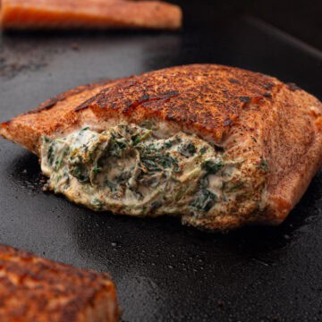 Spinach Stuffed Salmon made on the griddle for my recipe blog post, in which I include how to freeze salmon when covering the storage process.
