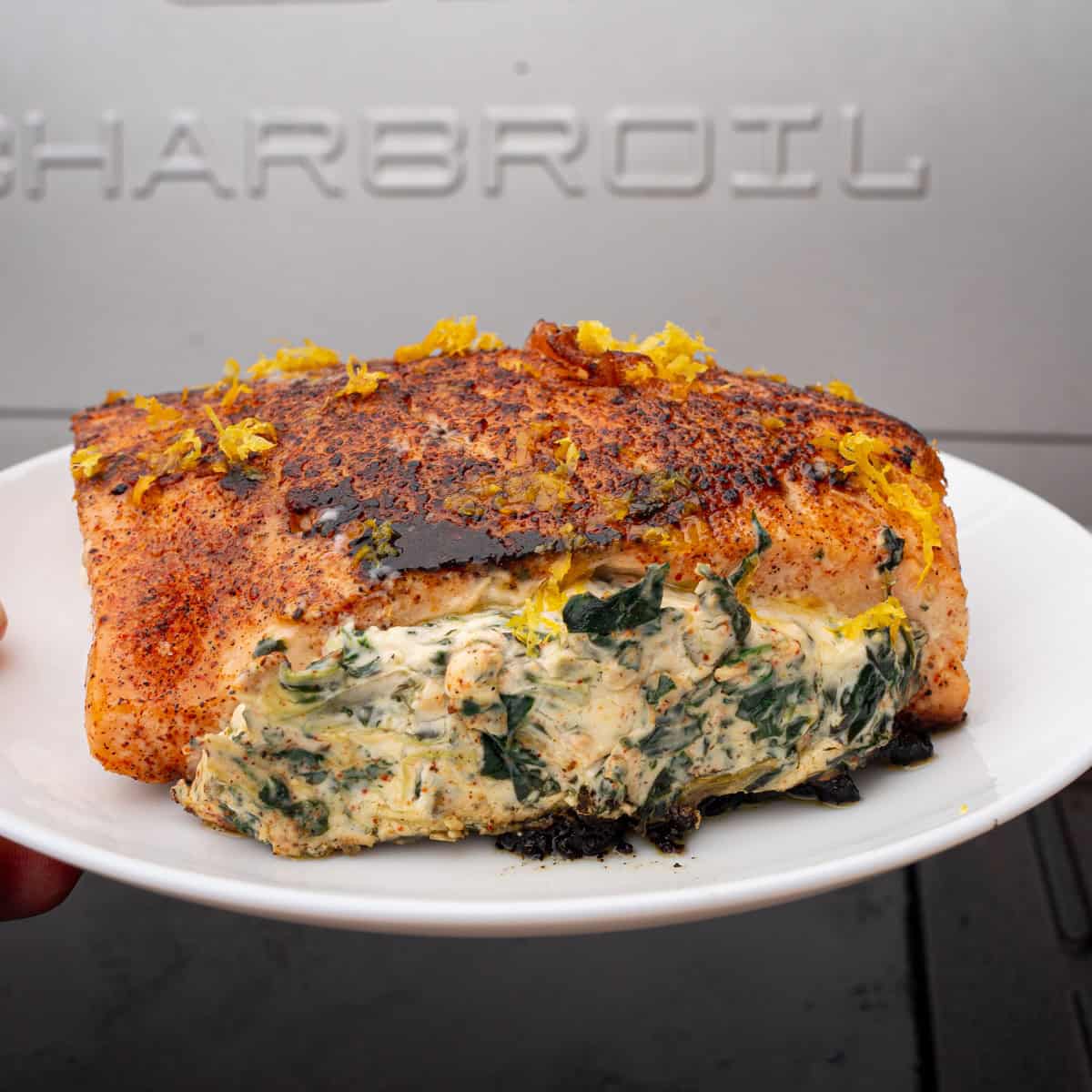 Spinach Stuffed Salmon made on the griddle for my recipe blog post, in which I include how to freeze salmon when covering the storage process.