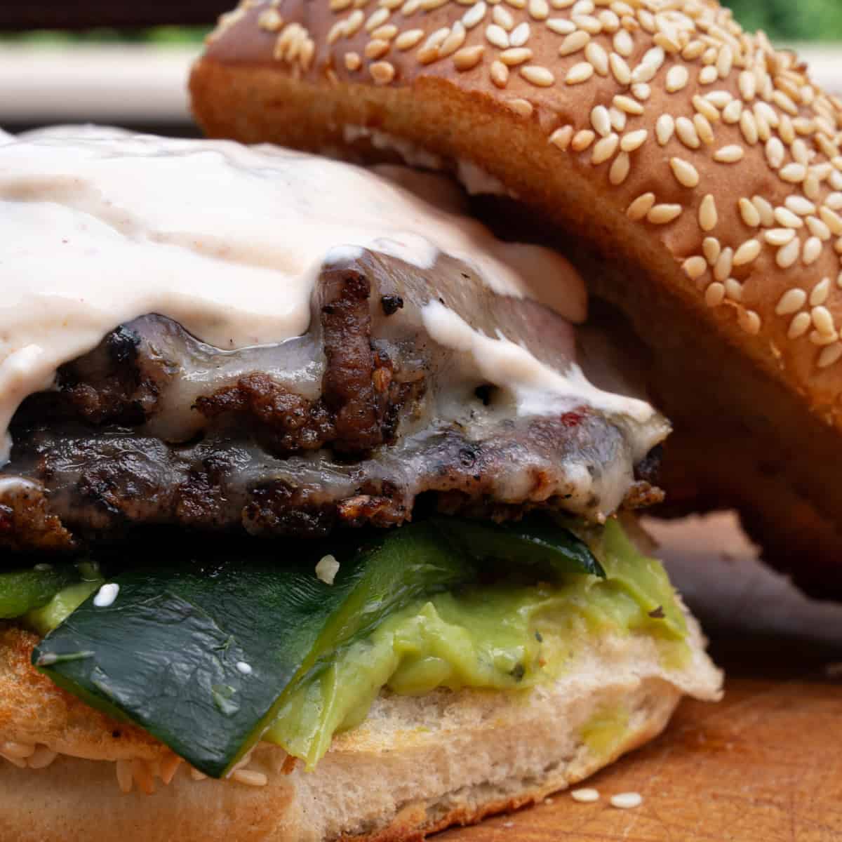 Tex Mex Smashburger with Chipotle Lime Crema & Roasted Poblanos