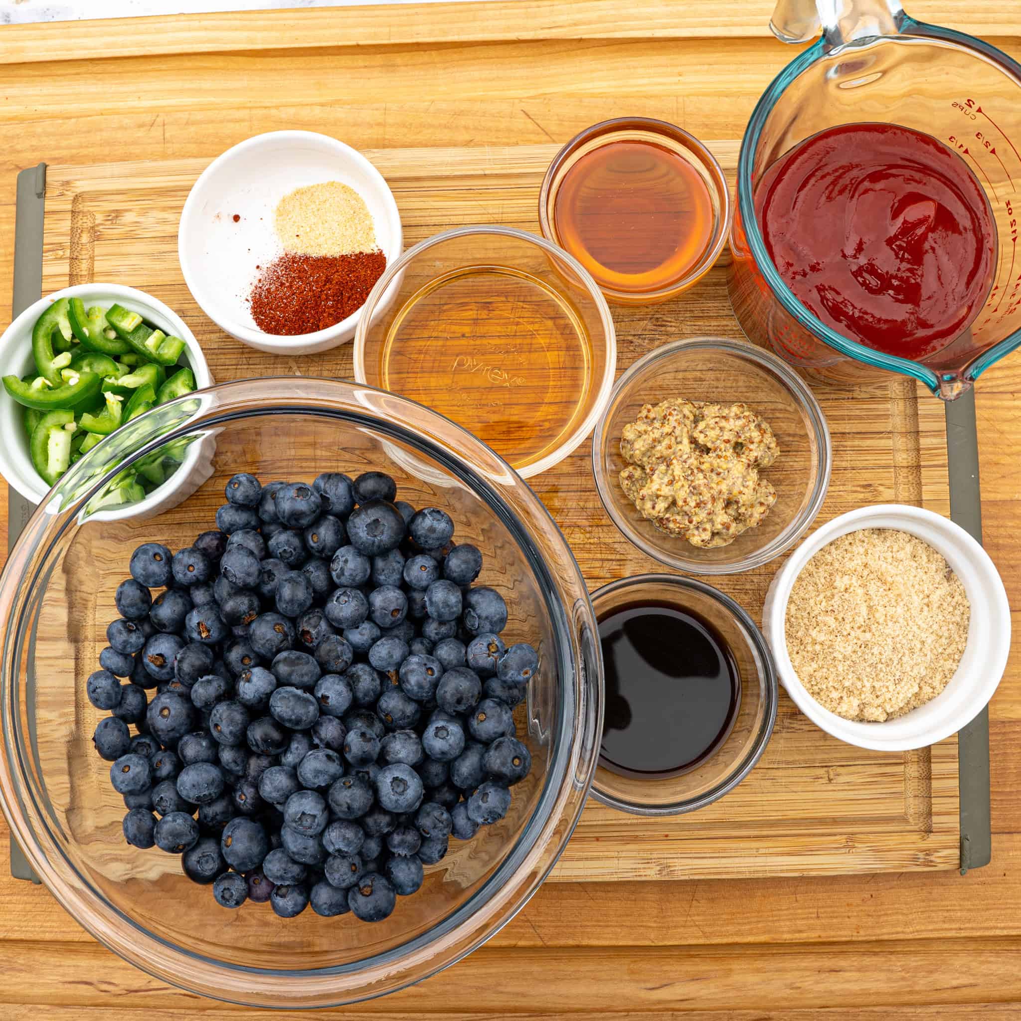 Gathering ingredients for spicy blueberry bbq sauce recipe