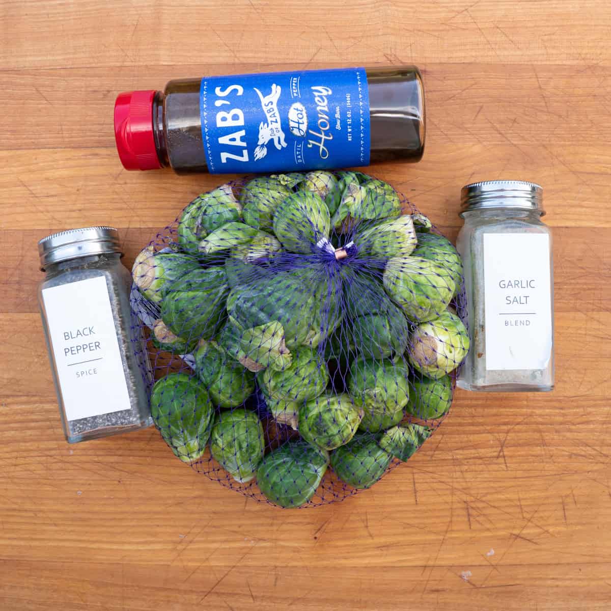 Gathering ingredients for hot honey Brussels sprouts