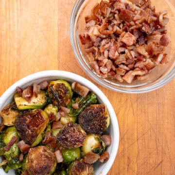 Finished Hot Honey Brussels Sprouts with Bacon