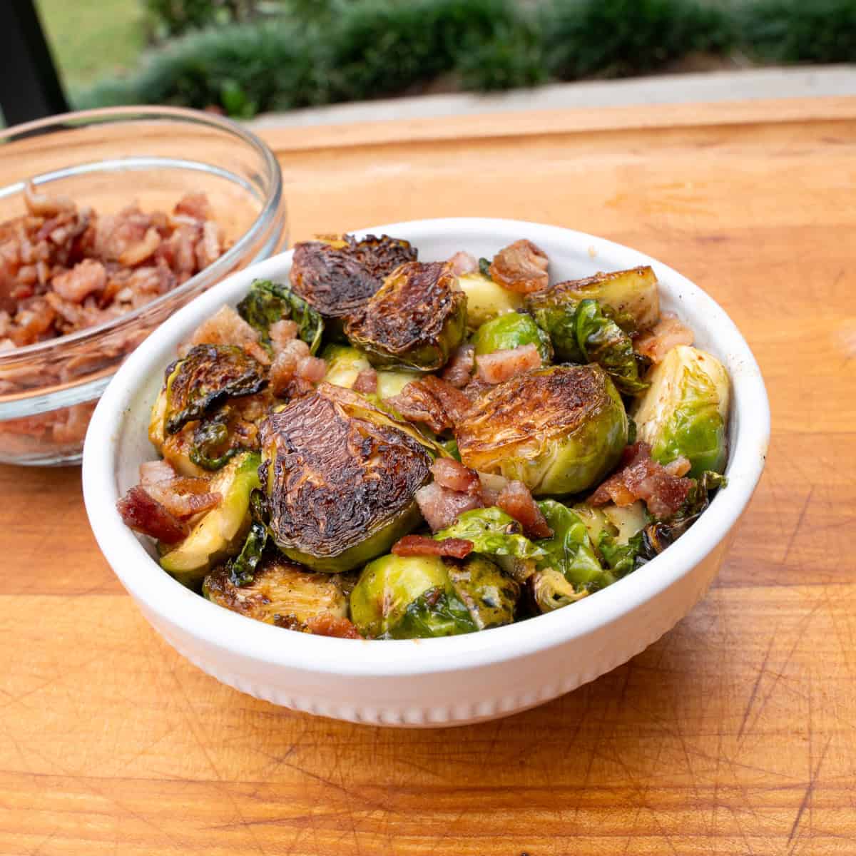 Finished Hot Honey Brussels Sprouts with Bacon
