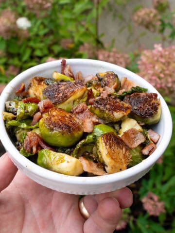 Finished Hot Honey Brussels Sprouts with Bacon