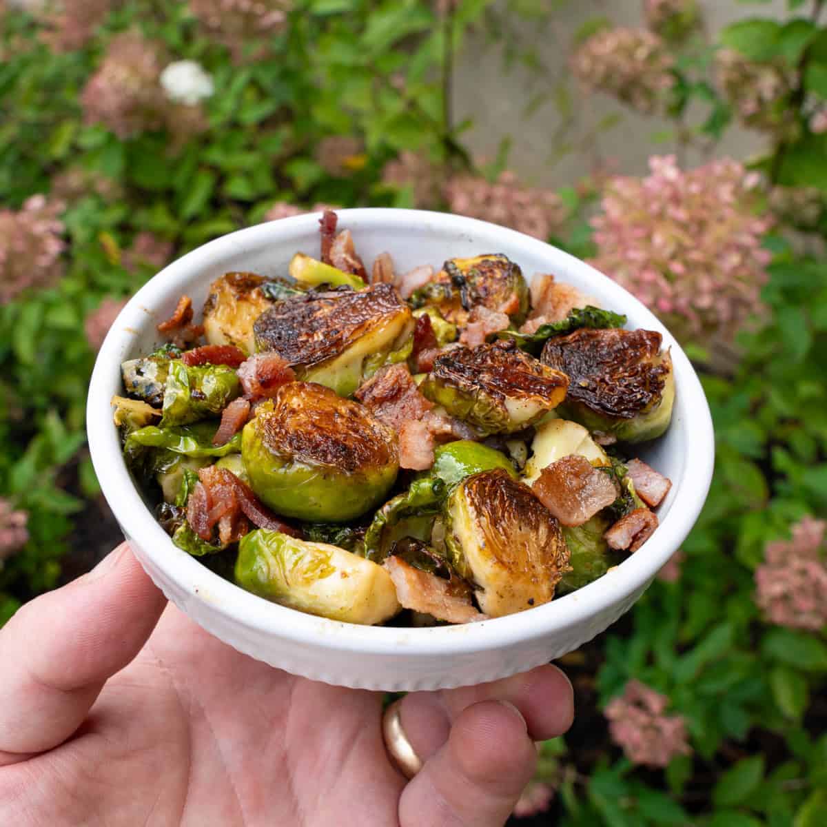 Finished Hot Honey Brussels Sprouts with Bacon