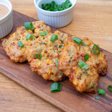 Finished Corn and Bacon Fritters with Cajun Remoulade