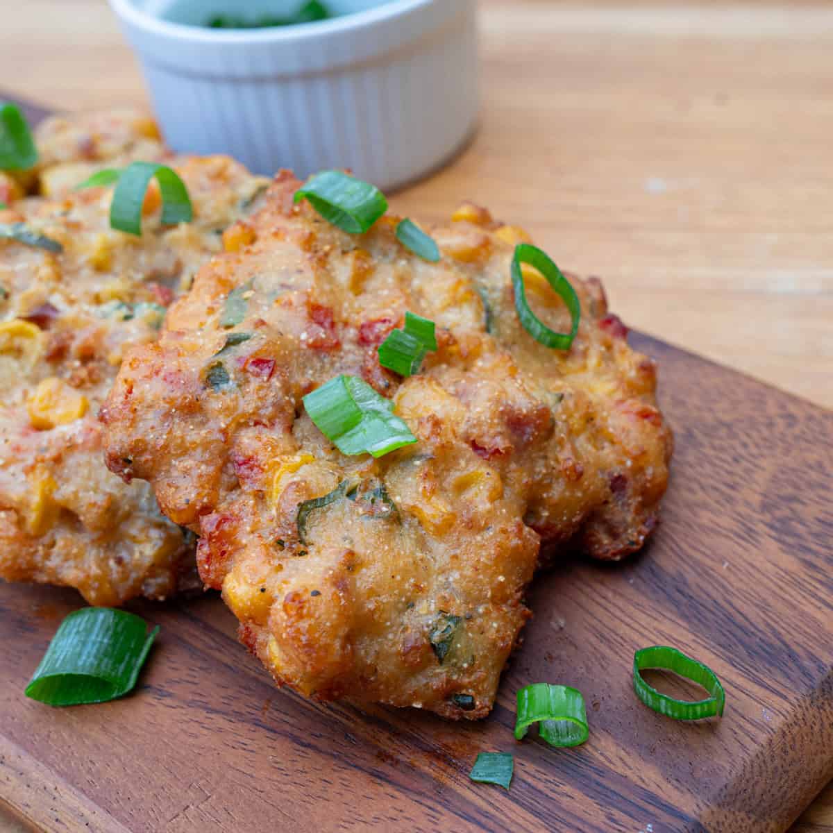 Finished Corn and Bacon Fritters with Cajun Remoulade