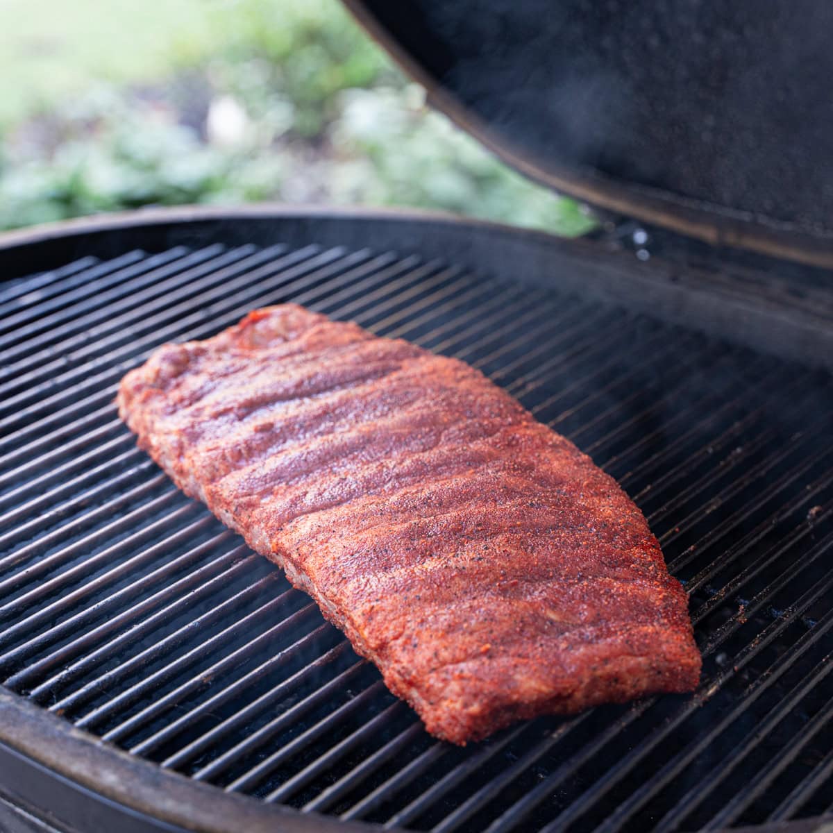 Freshly seasoned ribs just placed on the smoker