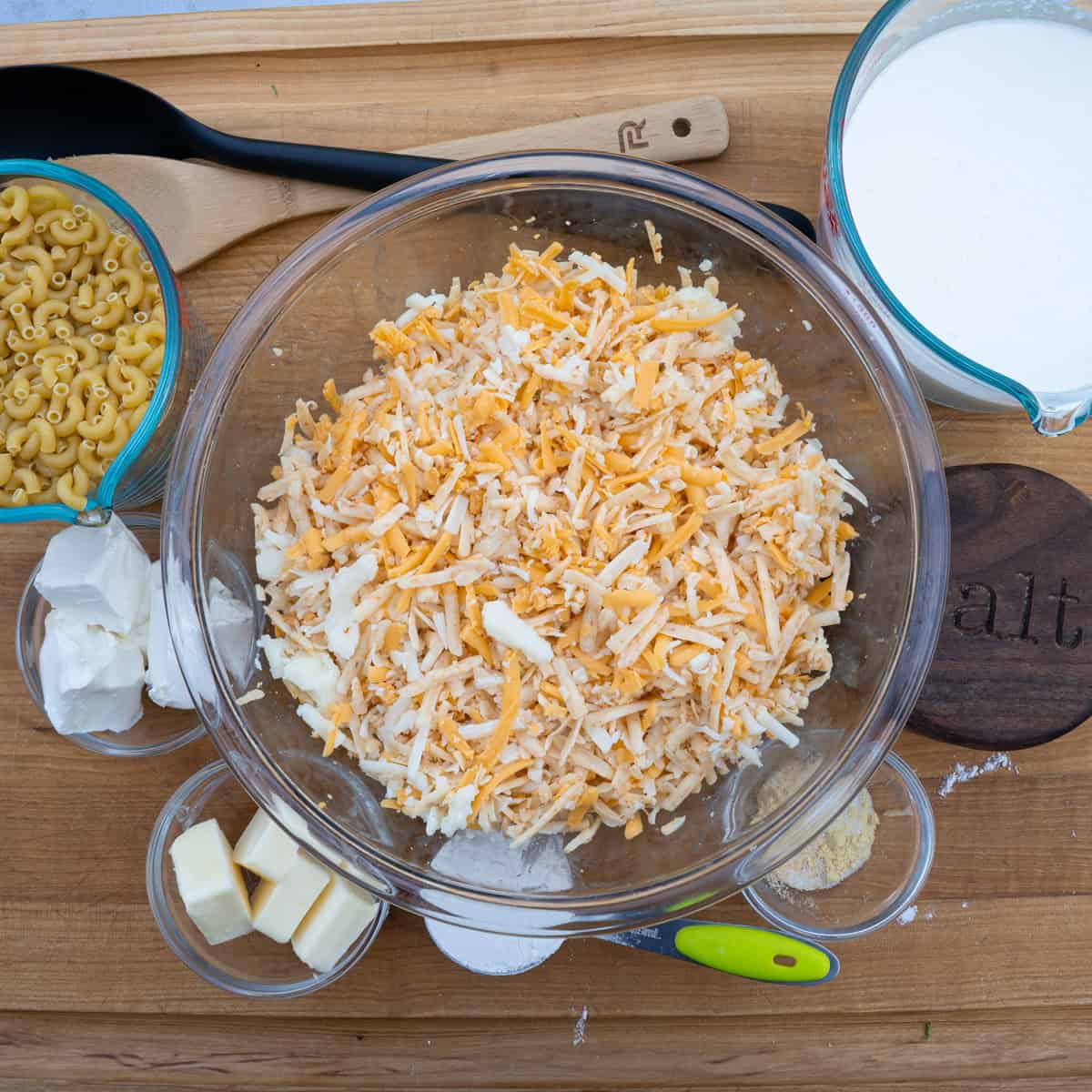 Gathering Ingredients for creamy southern Mac and cheese with gouda cheese