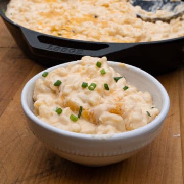 Serving a bowl of the creamy southern Mac and cheese with gouda cheese