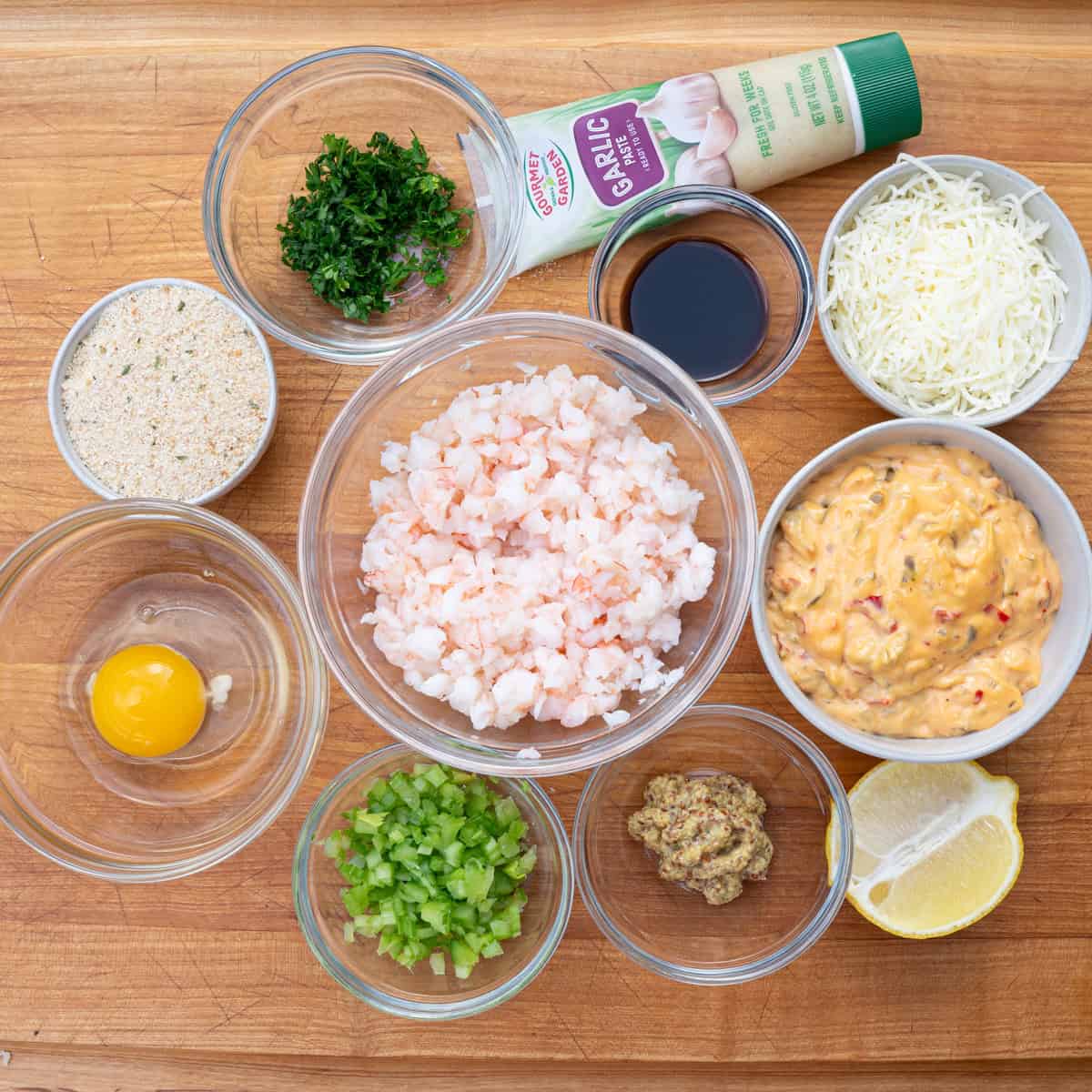 Gathering ingredients for shrimp stuffing