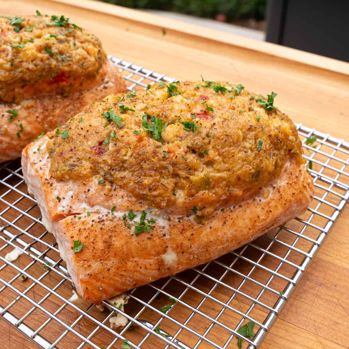 Finished product: Salmon stuffed with shrimp stuffing hot off the griddle