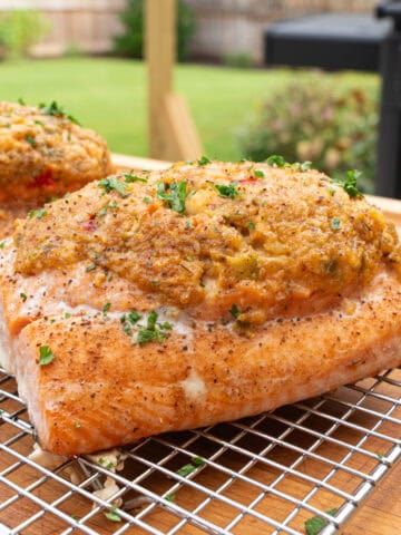 Finished product: Salmon stuffed with shrimp stuffing hot off the griddle