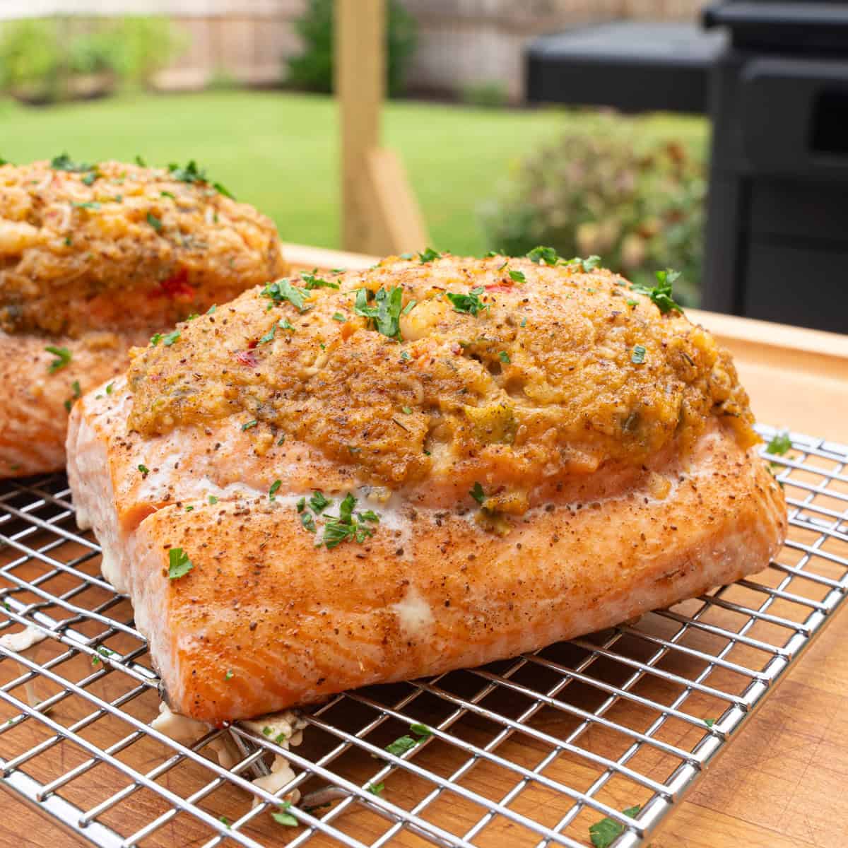 Finished product: Salmon stuffed with shrimp stuffing hot off the griddle