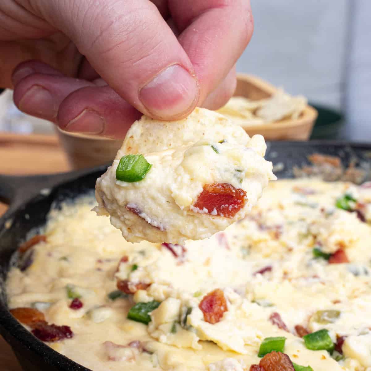 Smoked Jalapeño Popper Dip on a Tortilla Chip