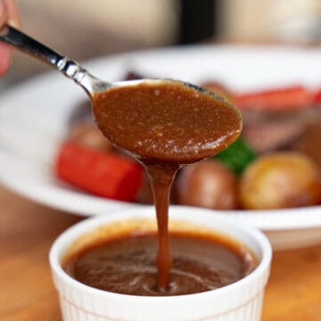Finished brown gravy made from pot roast braising liquids