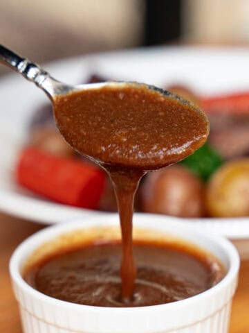 Finished brown gravy made from pot roast braising liquids
