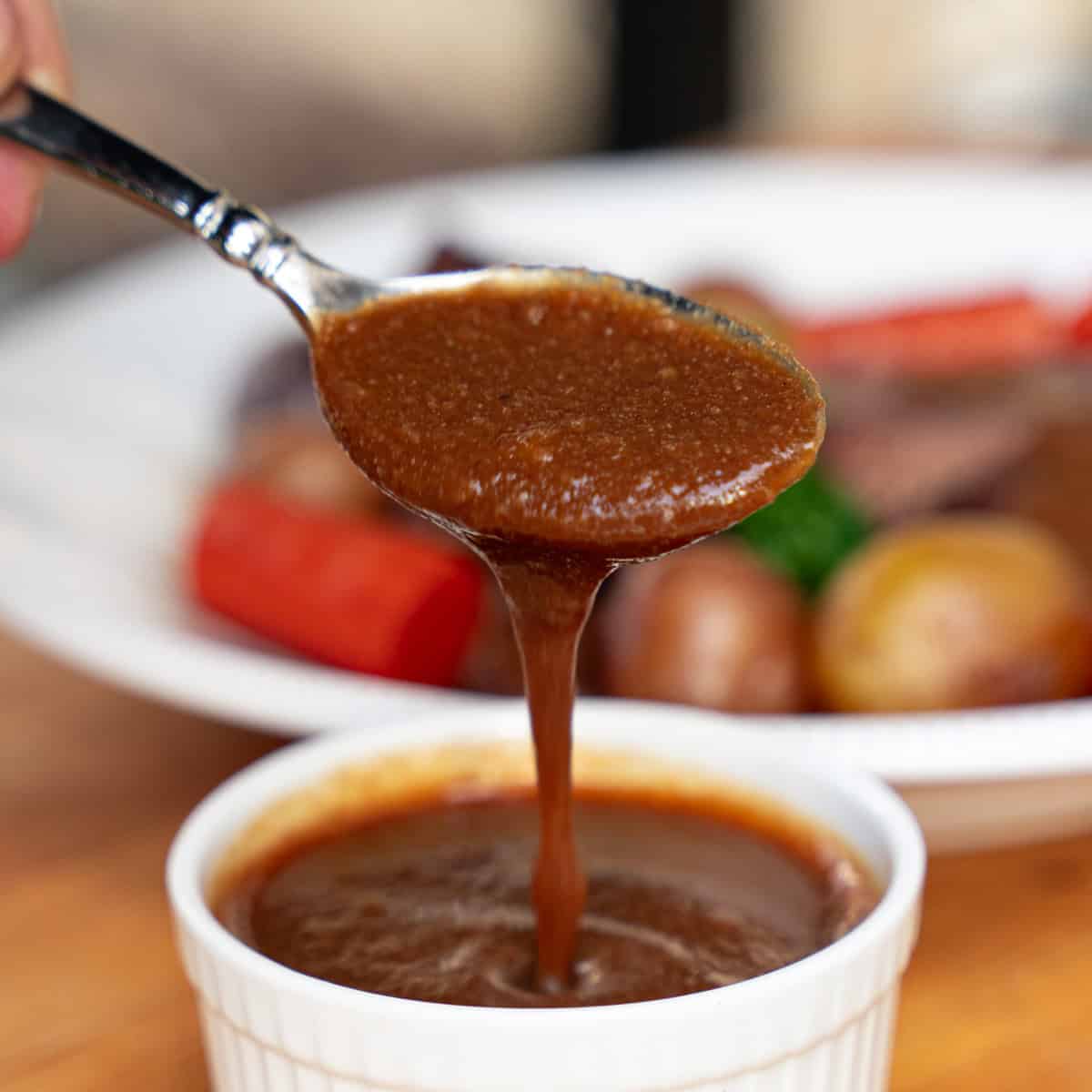 Finished brown gravy made from pot roast braising liquids
