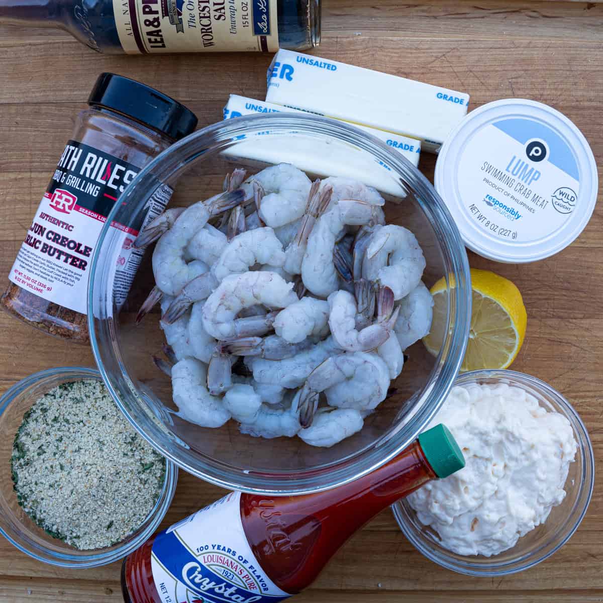 Gathering ingredients for cajun crab stuffed shrimp recipe