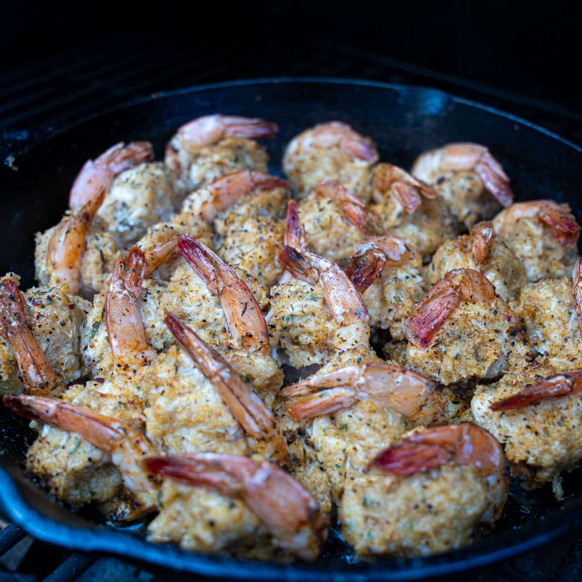 Cajun Crab Stuffed Shrimp finishing cooking on the Smoker