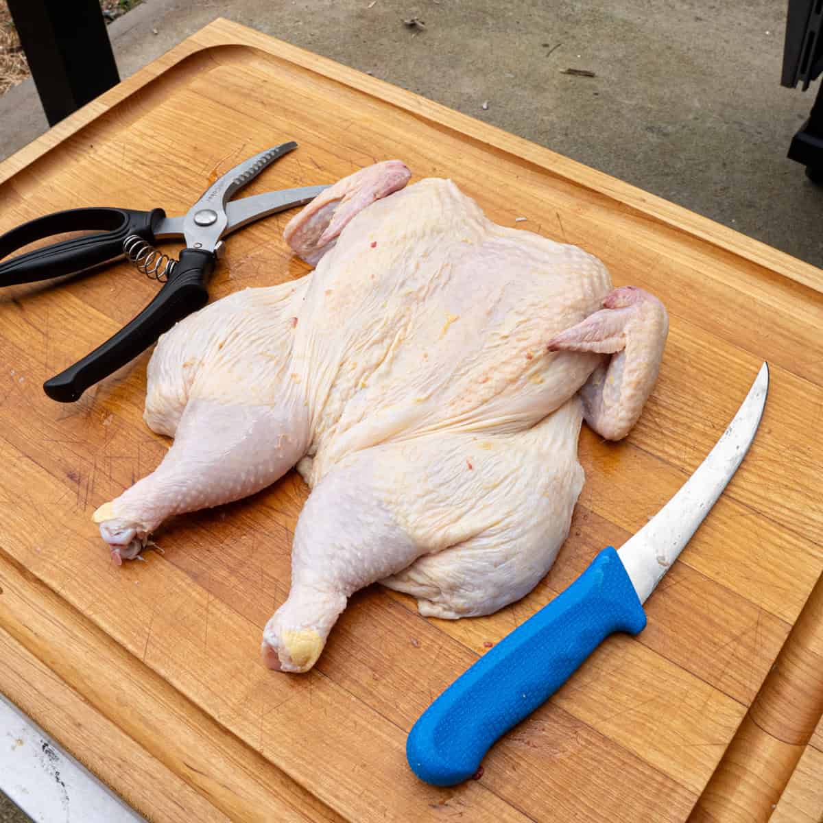 A whole chicken that has been spatchcocked