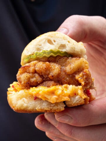 Final shot of the honey butter chicken biscuit sliders with pimento cheese