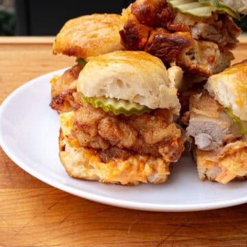 Final shot of the honey butter chicken biscuit sliders with pimento cheese
