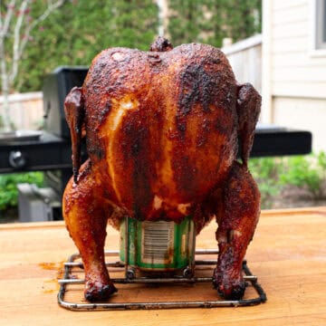 Final shot of a smoked beer can chicken with BBQ sauce